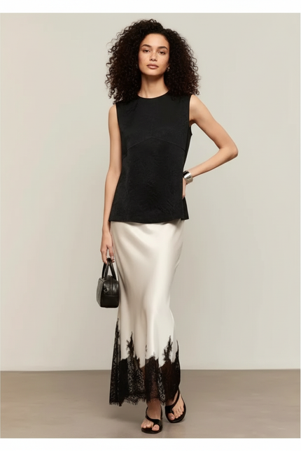 Jupe Midi Satinée Dentelle Élégante