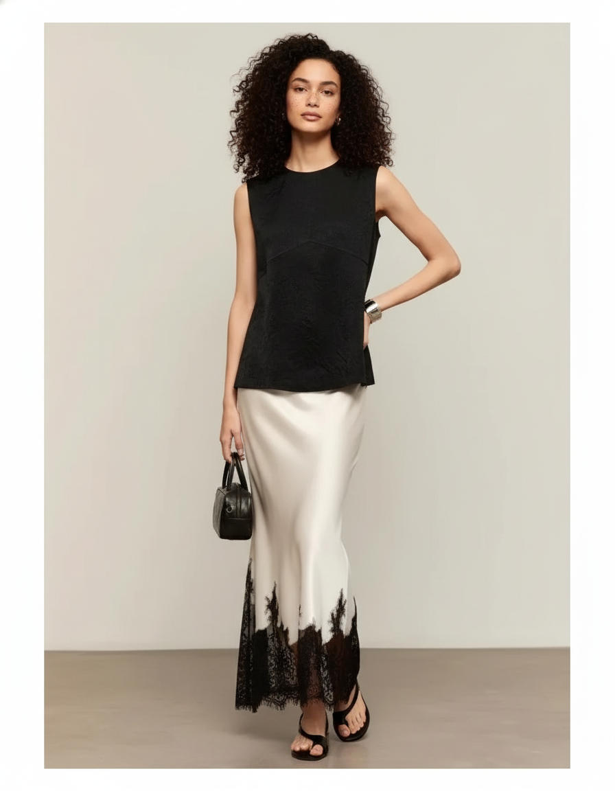 Jupe Midi Satinée Dentelle Élégante