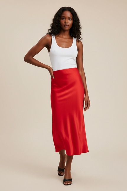 Jupe Midi Rouge Satinée Élégante
