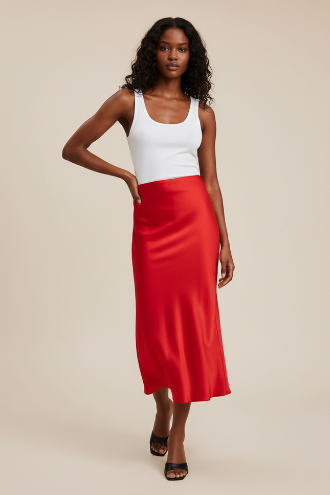 Jupe Midi Rouge Satinée Élégante