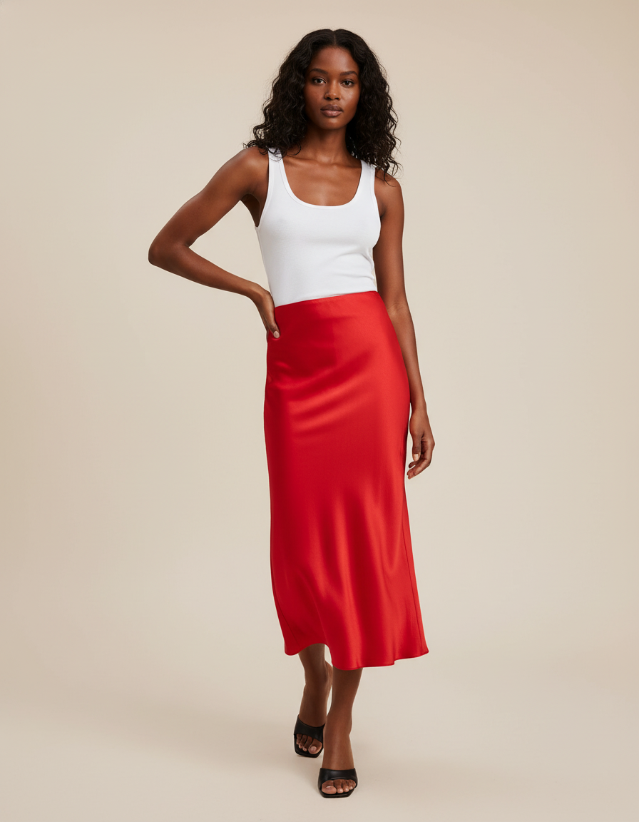 Jupe Midi Rouge Satinée Élégante