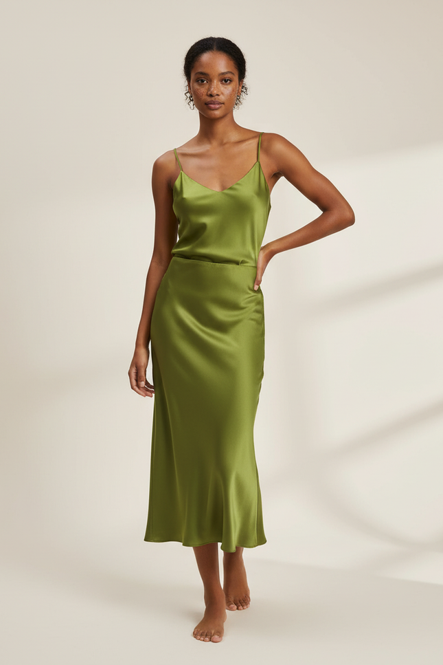 Jupe Midi Verte Satinée Élégante