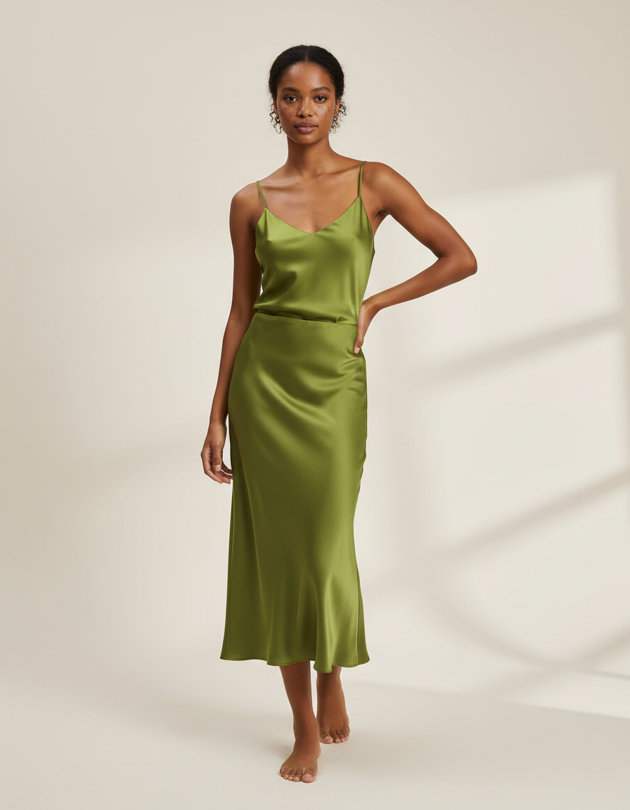 Jupe Midi Verte Satinée Élégante