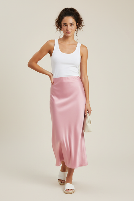 Jupe Midi Rose Satinée Fluide