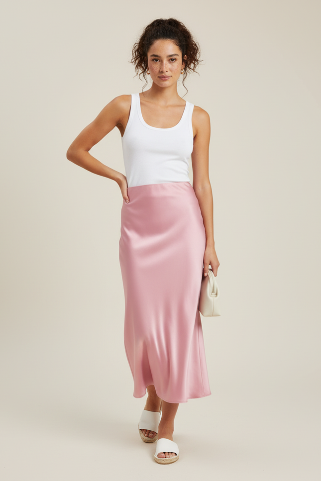 Jupe Midi Rose Satinée Fluide