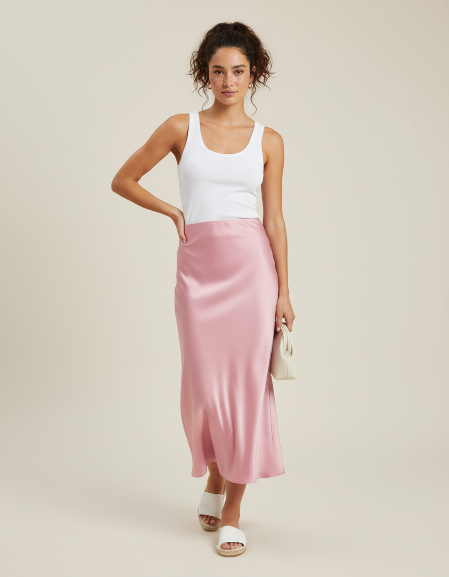 Jupe Midi Rose Satinée Fluide