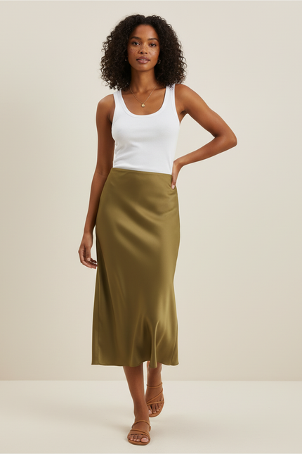 Jupe Midi Satinée Kaki Élégante fluide