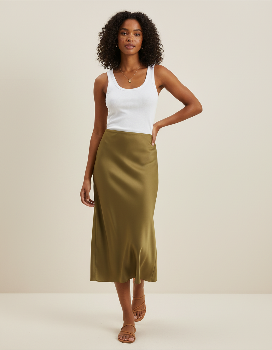 Jupe Midi Satinée Kaki Élégante fluide