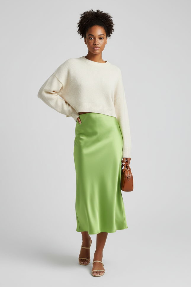 Jupe Midi Satin Vert Anis Élégante