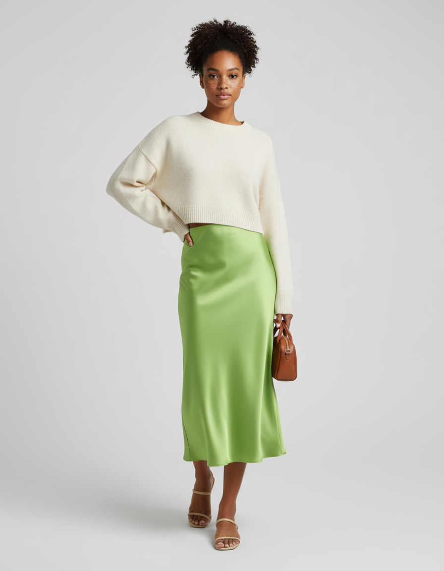 Jupe Midi Satin Vert Anis Élégante