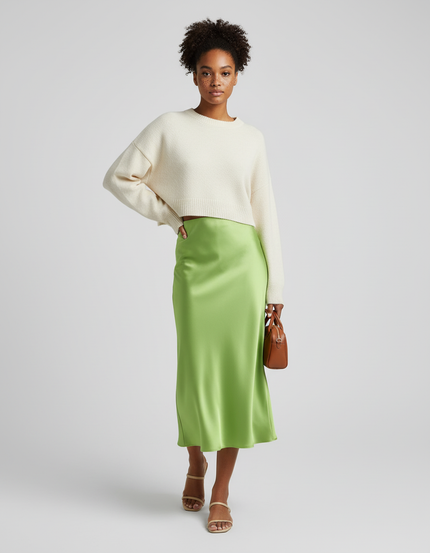Jupe Midi Satin Vert Anis Élégante