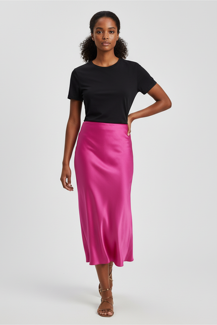 Jupe Midi Rose Fuchsia Satin Élégante