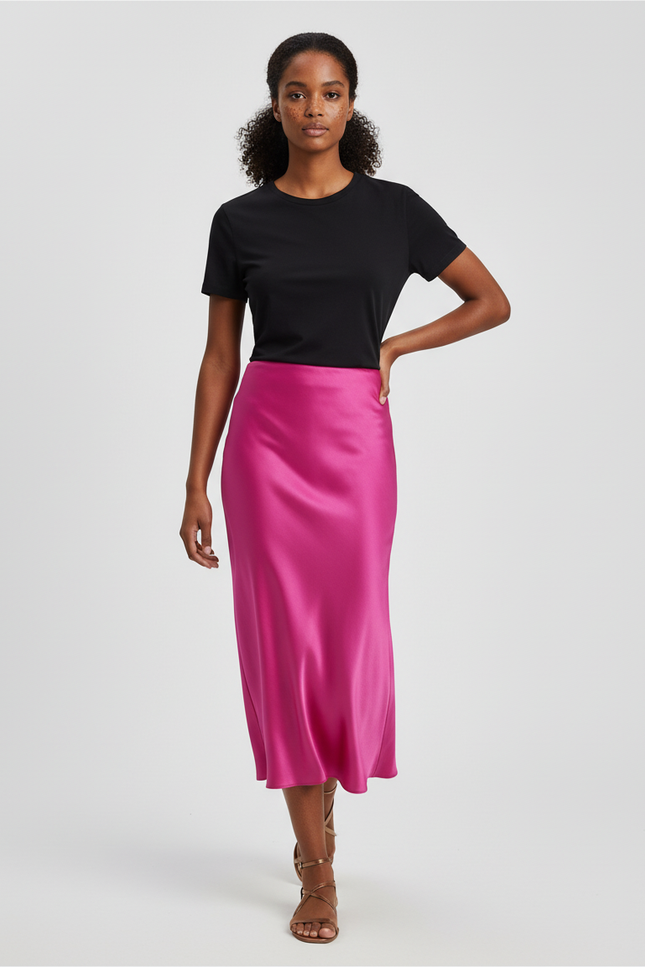 Jupe Midi Rose Fuchsia Satin Élégante