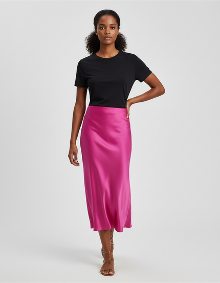 Jupe Midi Rose Fuchsia Satin Élégante