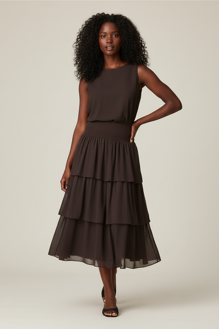 Jupe Midi Marron À Volants Chic