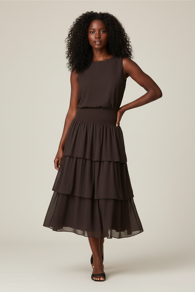 Jupe Midi Marron À Volants Chic