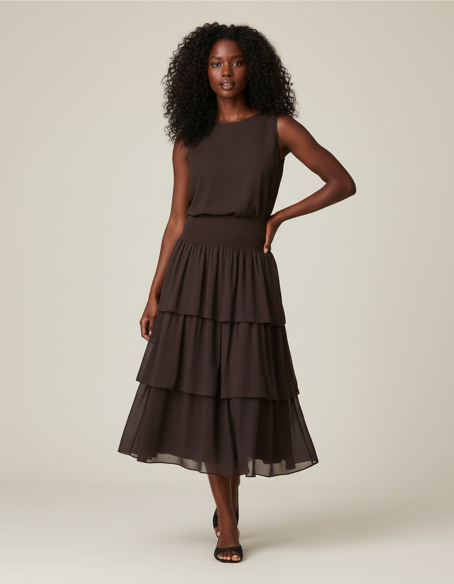 Jupe Midi Marron À Volants Chic