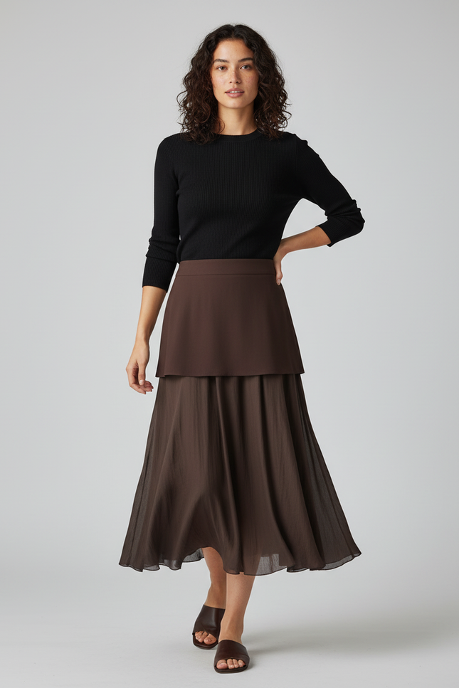 Jupe Midi Marron Superposée Fluide