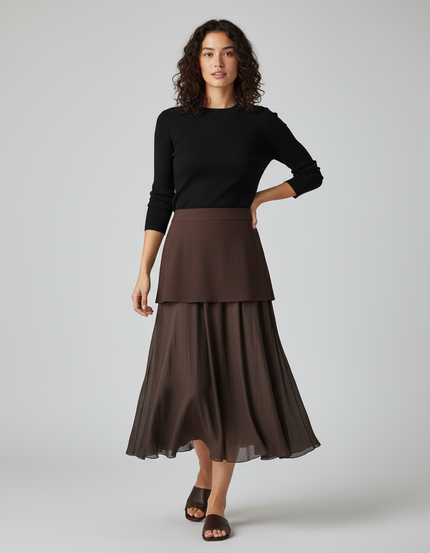 Jupe Midi Marron Superposée Fluide