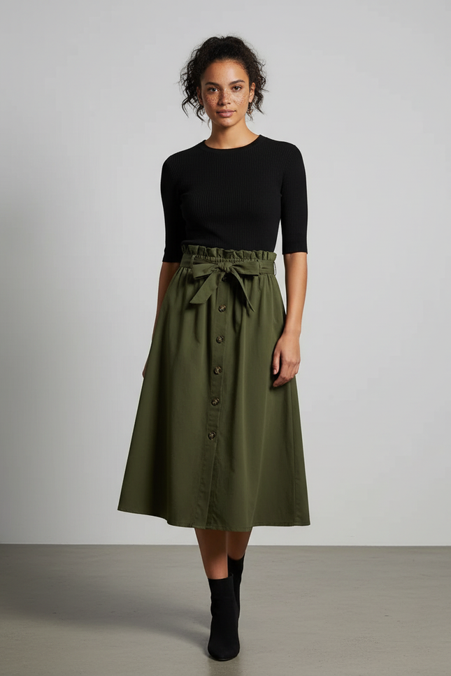 Jupe Midi Taille Haute Ceinturée