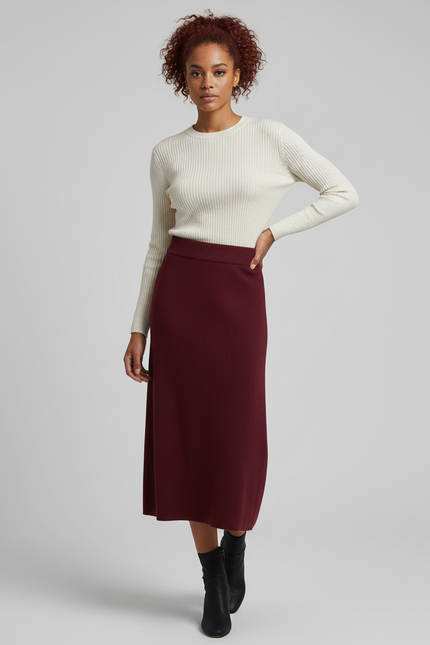 Jupe Midi Bordeaux Côtelée Élégante