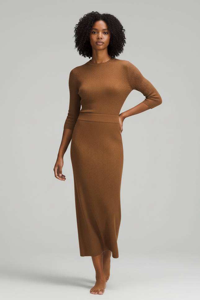 Jupe Midi Marron Côtelée Chic