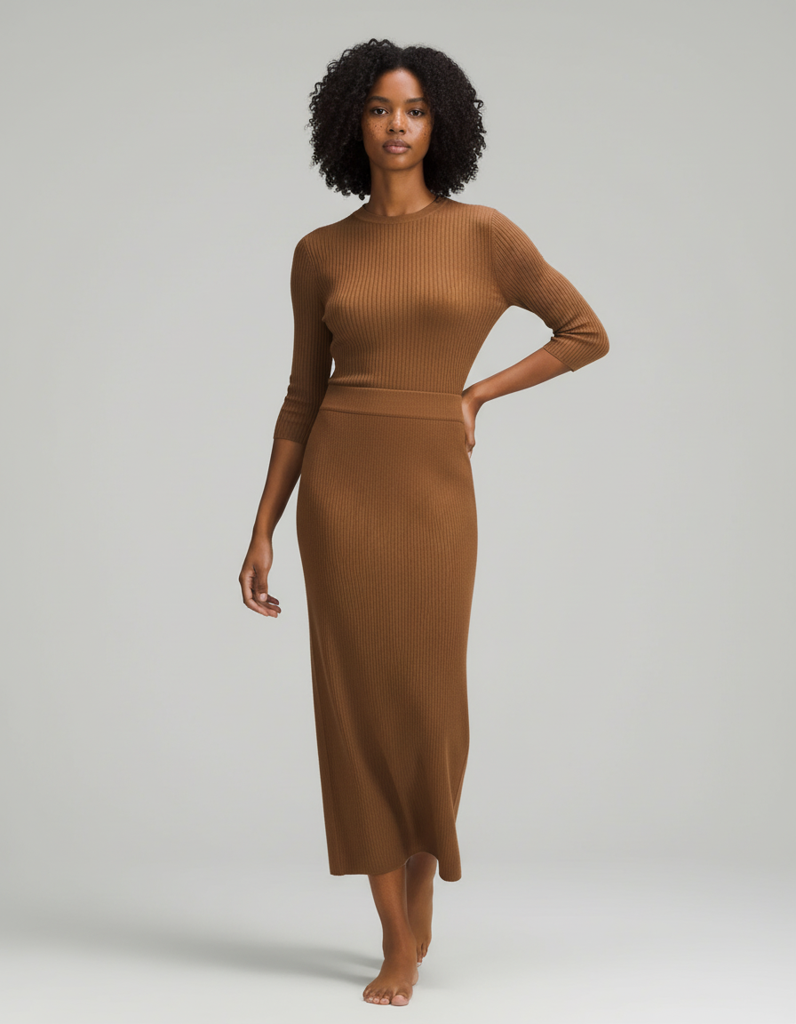 Jupe Midi Marron Côtelée Chic