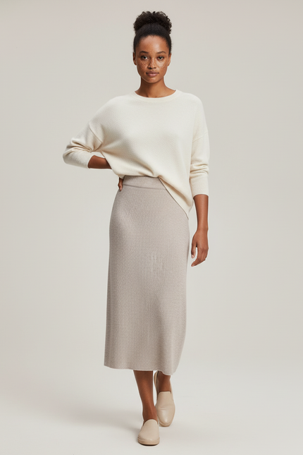 Jupe Midi Beige Côtelée Chic