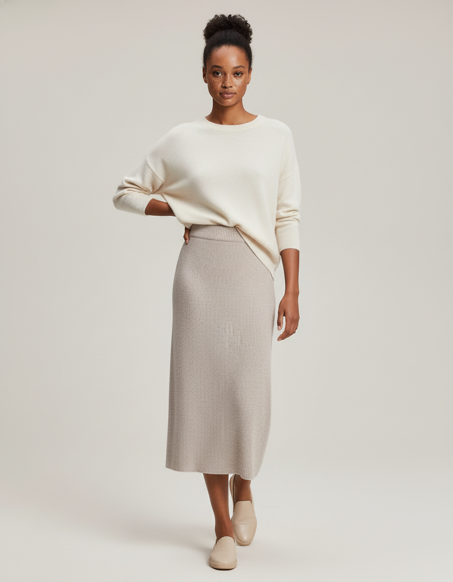 Jupe Midi Beige Côtelée Chic