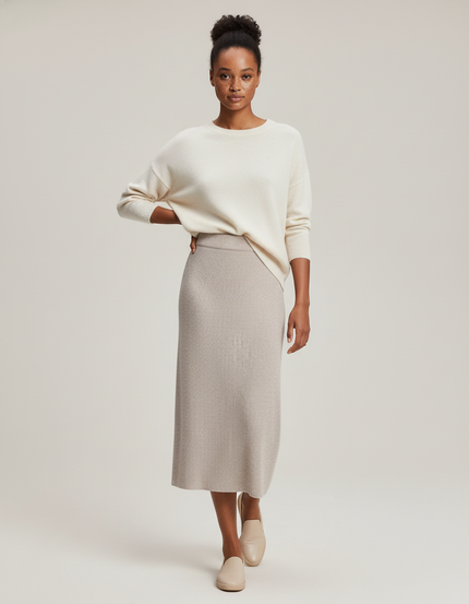 Jupe Midi Beige Côtelée Chic