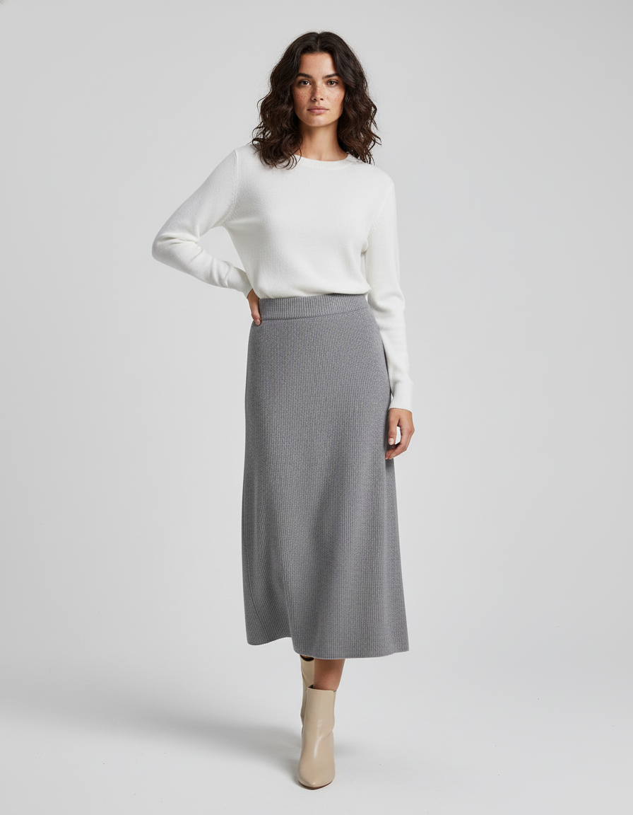 Jupe Midi Grise Côtelée Élégante