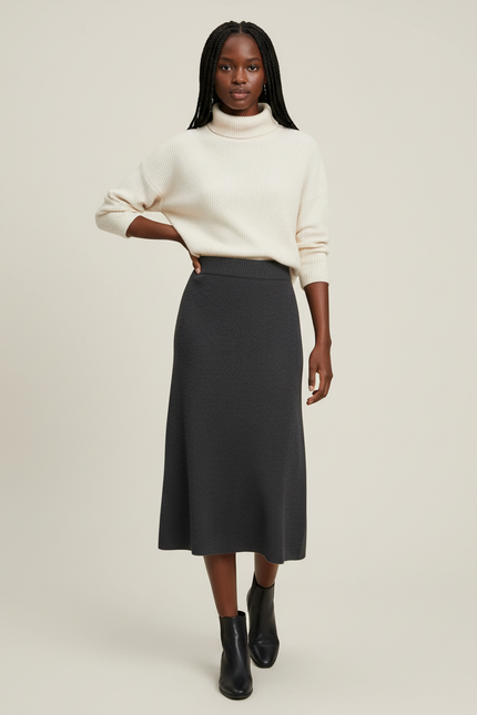 Jupe Midi Côtelée Anthracite Élégante
