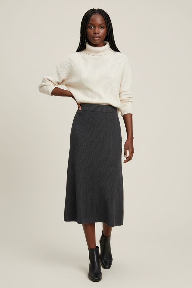 Jupe Midi Côtelée Anthracite Élégante