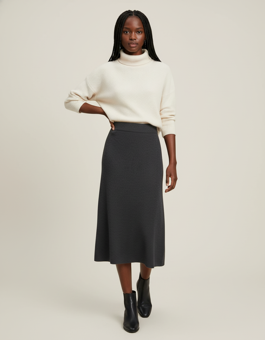 Jupe Midi Côtelée Anthracite Élégante