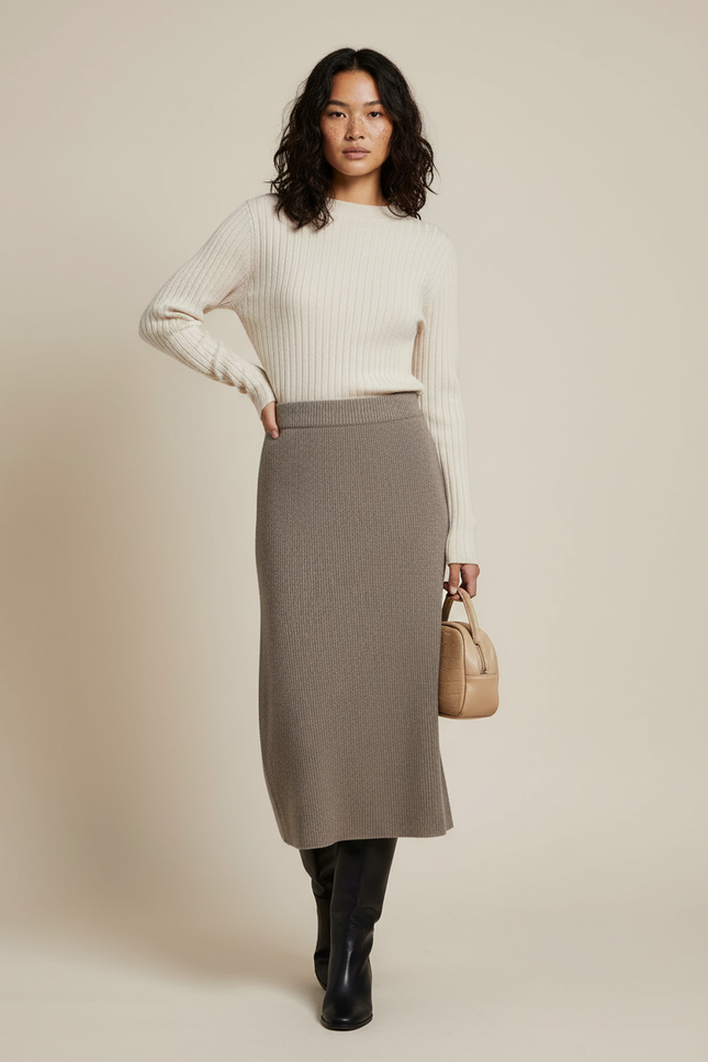 Jupe Midi Taupe Côtelée Chic