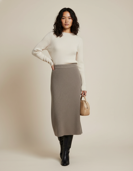 Jupe Midi Taupe Côtelée Chic