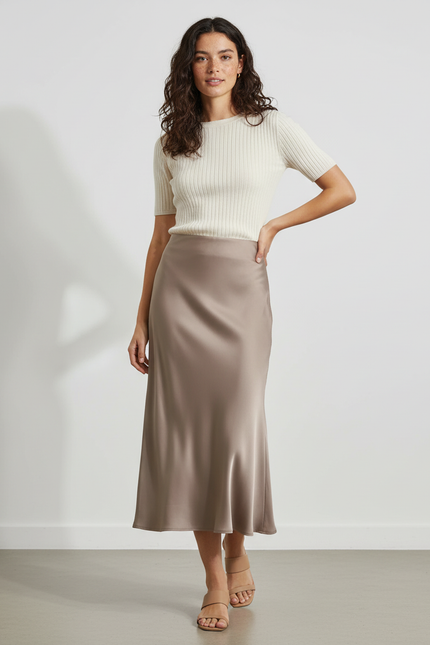 Jupe Midi Satin Taupe Élégante