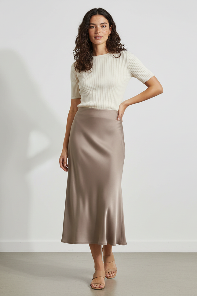 Jupe Midi Satin Taupe Élégante