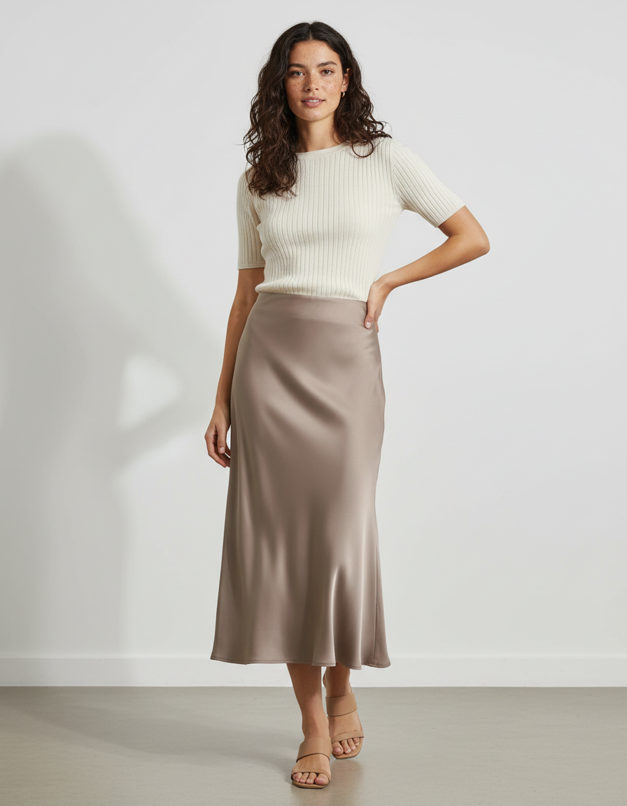 Jupe Midi Satin Taupe Élégante