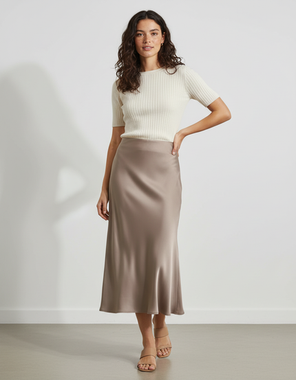 Jupe Midi Satin Taupe Élégante