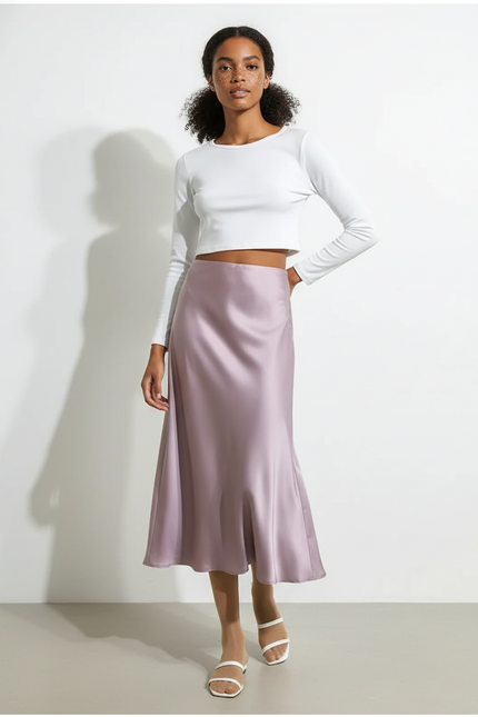 Jupe Midi Satin Lavande Élégante
