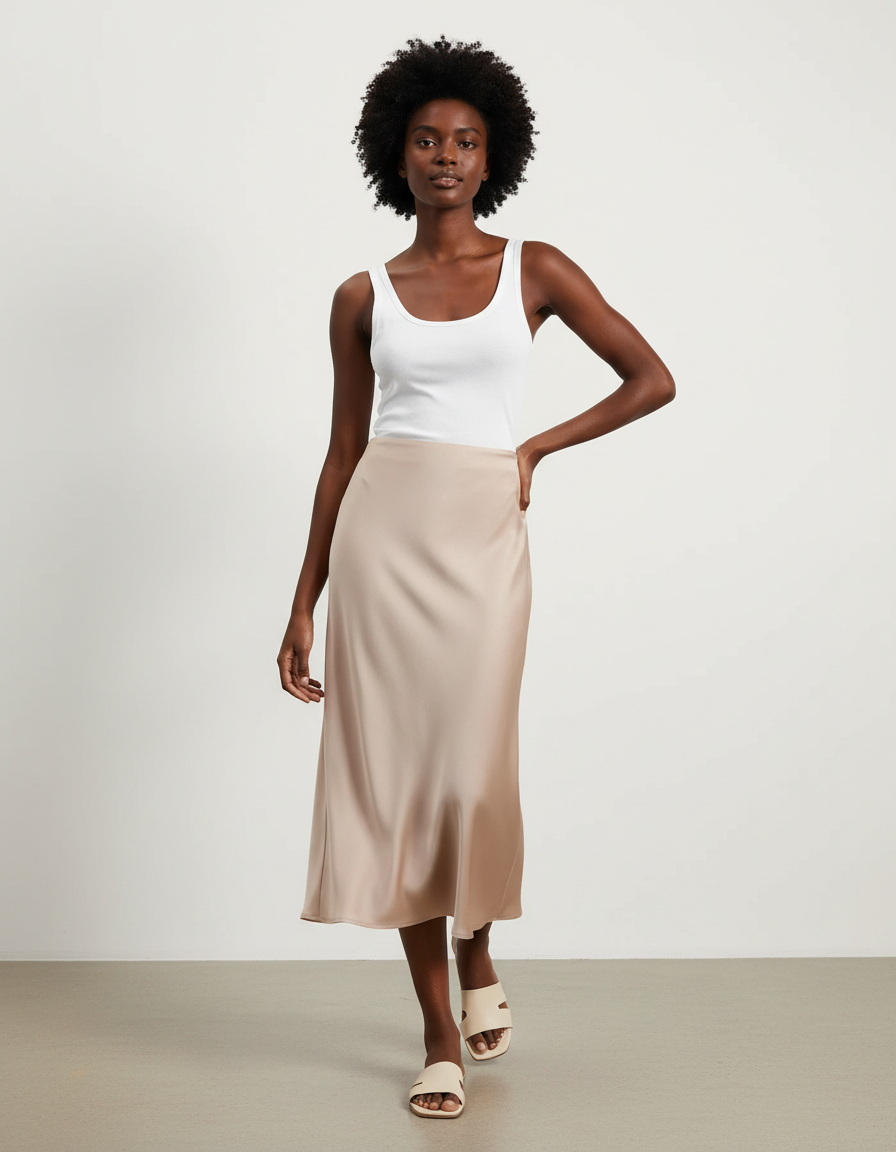 Jupe Midi Satinée Beige Élégante