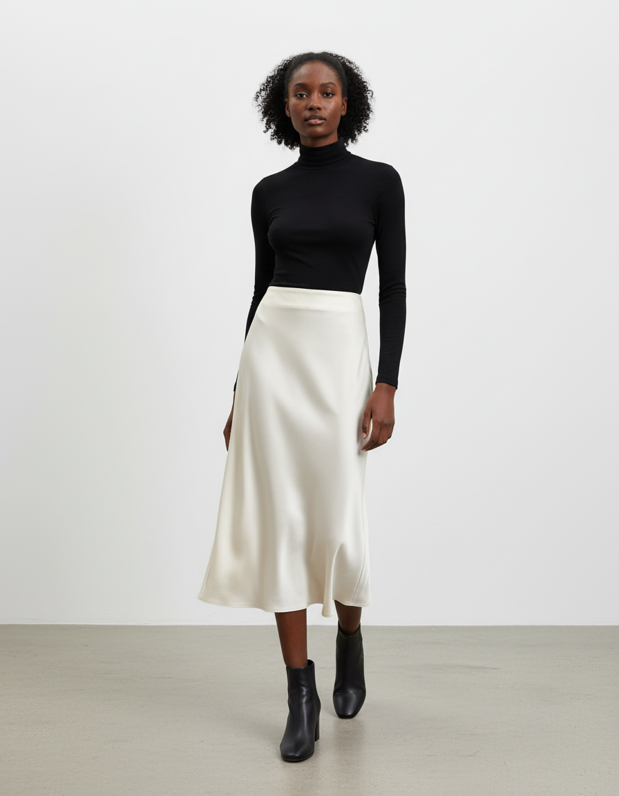 Jupe Midi Satin Crème Élégante