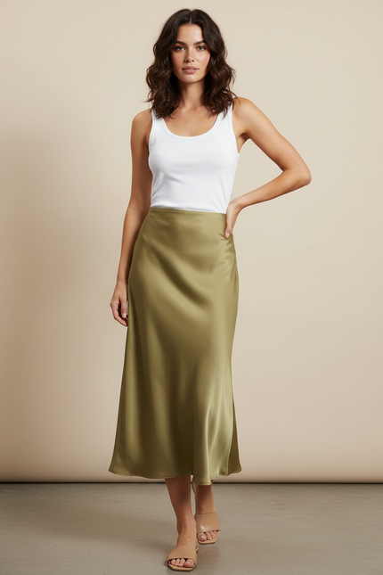 Jupe Midi Satin Kaki Élégante