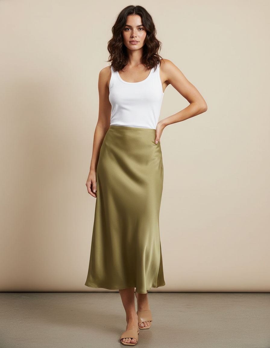 Jupe Midi Satin Kaki Élégante