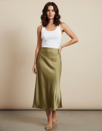 Jupe Midi Satin Kaki Élégante