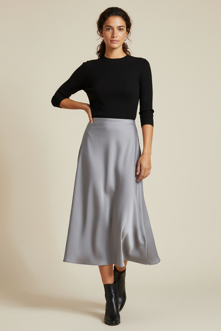 Jupe Midi Satinée Grise Élégante raffinée