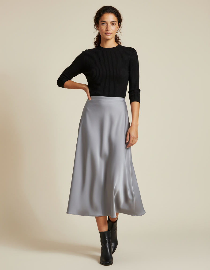Jupe Midi Satinée Grise Élégante raffinée