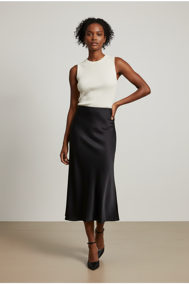 Jupe Midi Noire Satinée Élégante