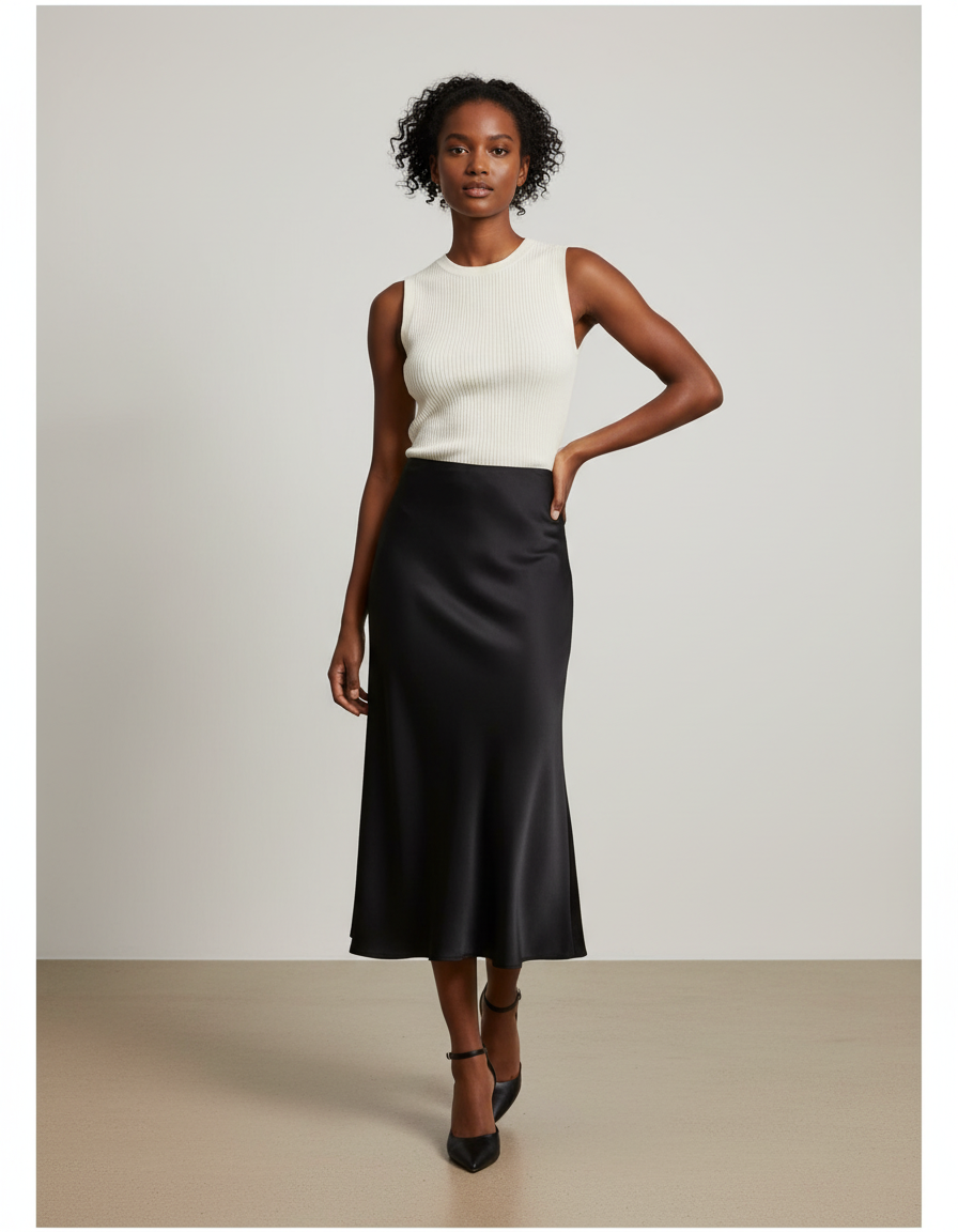 Jupe Midi Noire Satinée Élégante